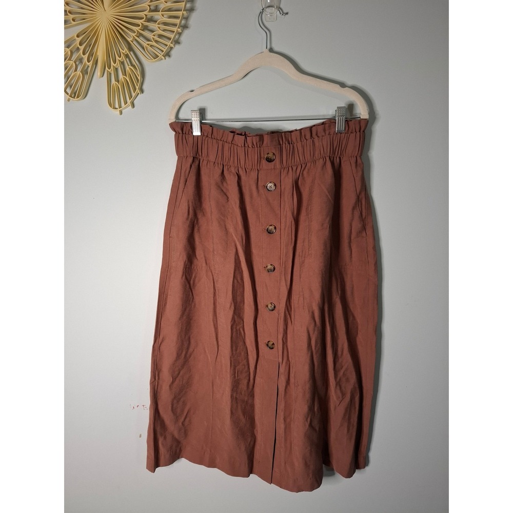 Loft Outlet Brown Paperbag Waist Button Front Midi Skirt with Pockets Large
